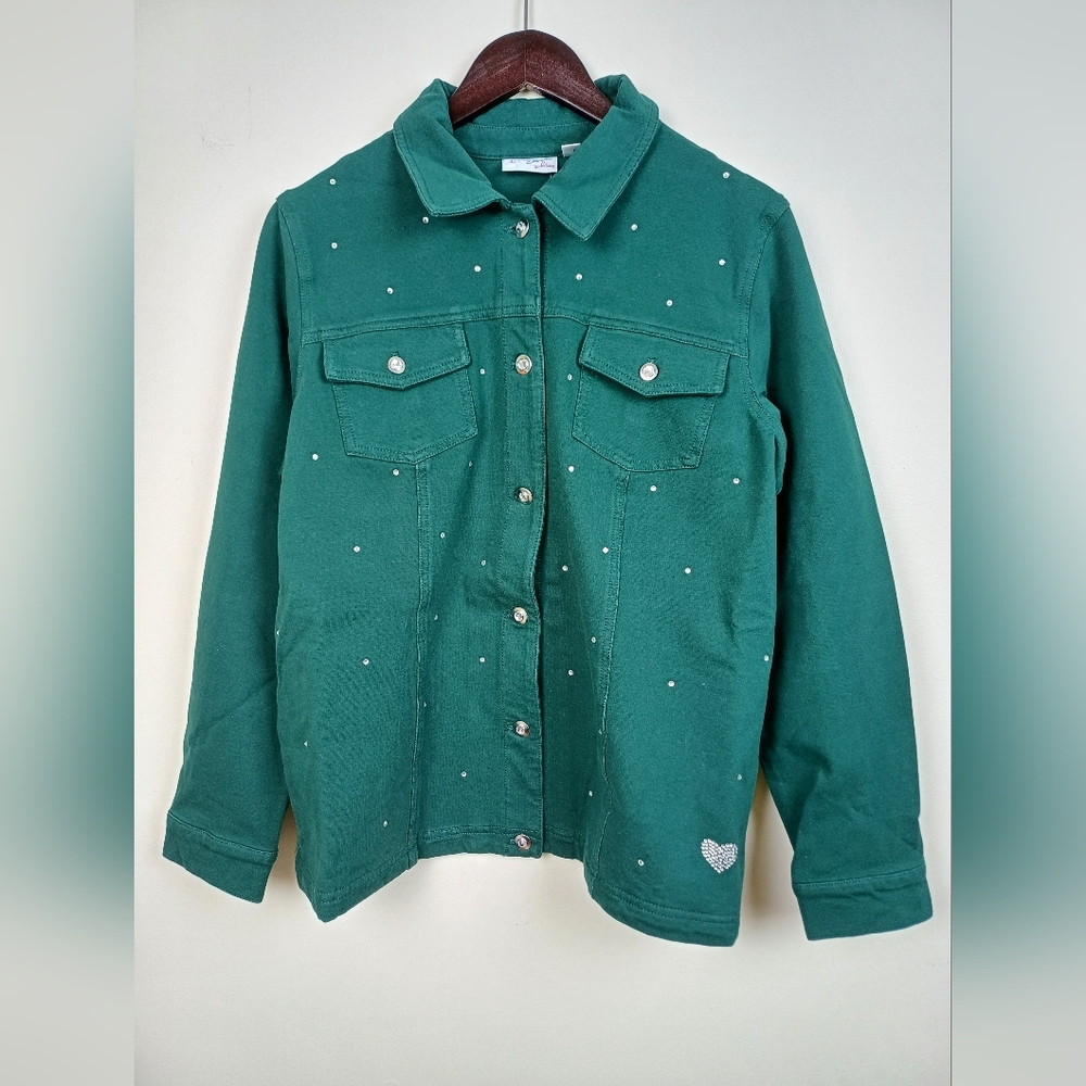 NWT Quacker Factory Dream Jeannes Denim Jean Jacket Green Large A209928